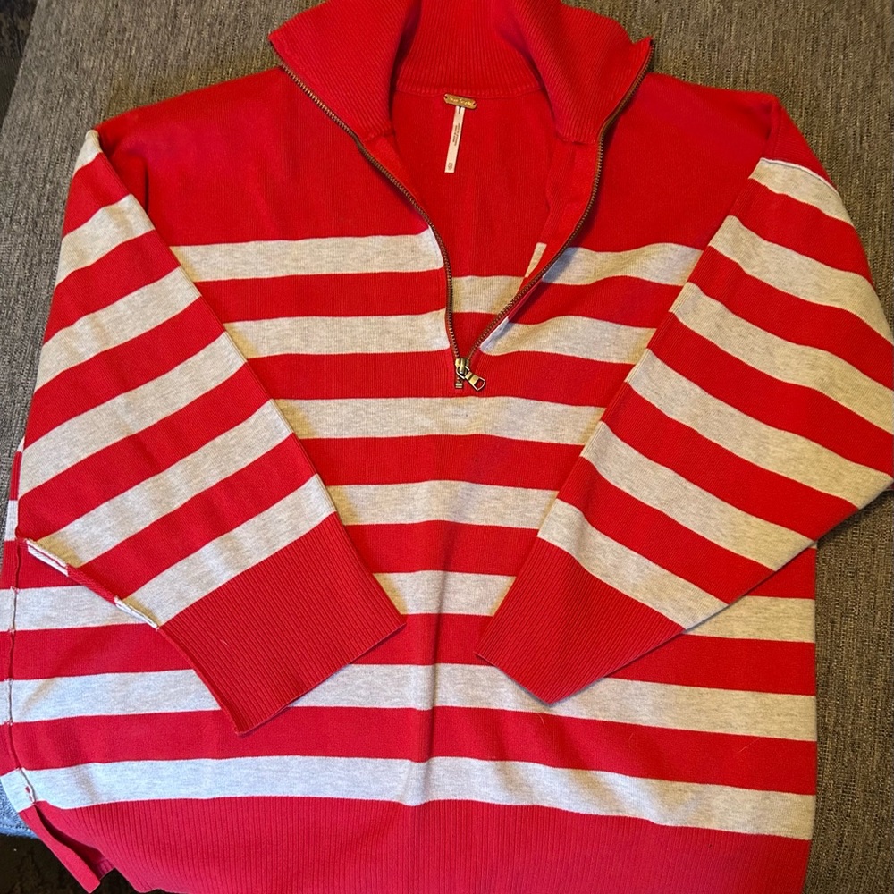 Free People Bright Red Ribbed Collar Zip-Up Sweater